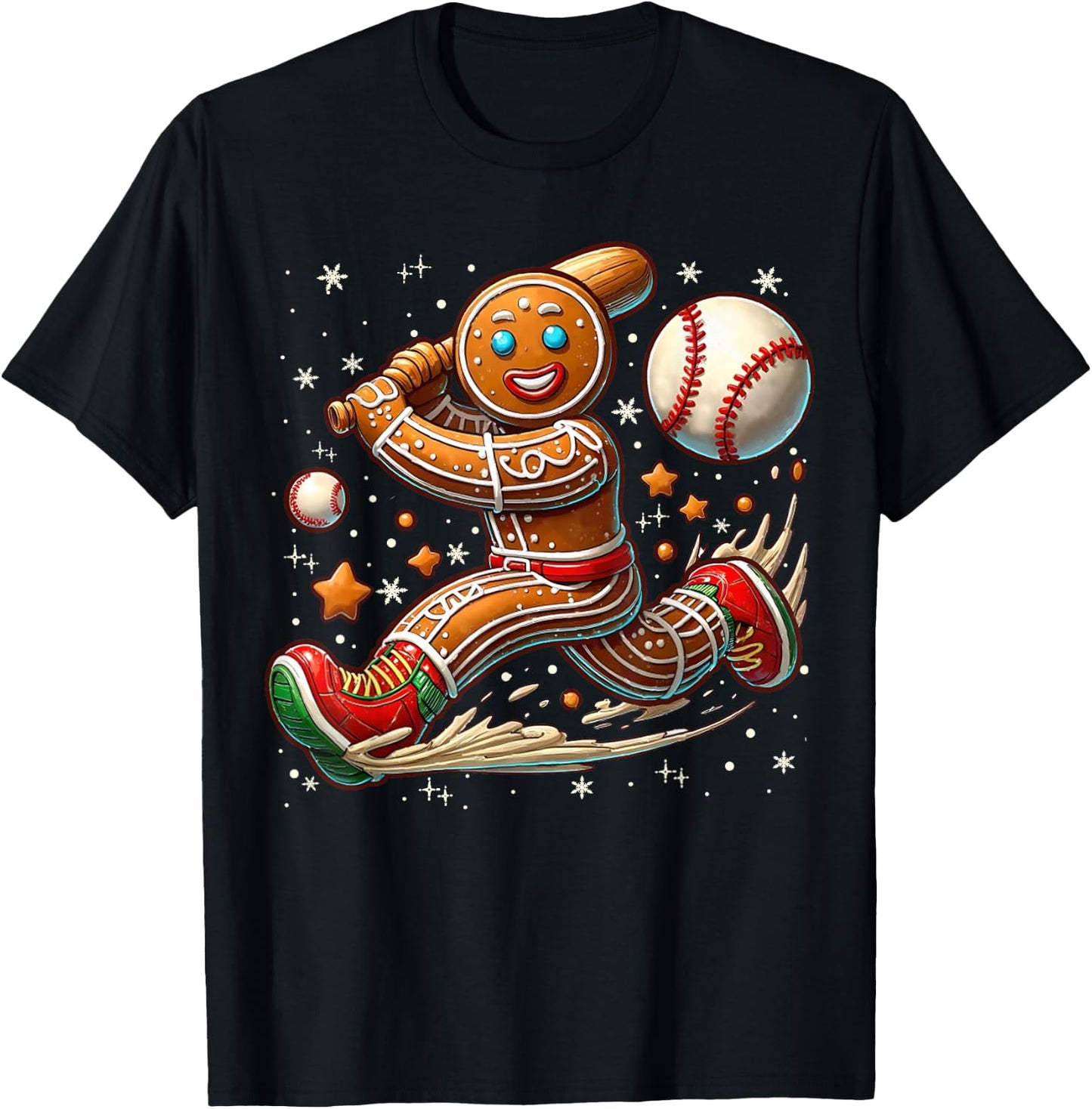 Christmas Gingerbread Man Sports Player Funny Baseball Xmas T-Shirt - T-Shirt | Black
