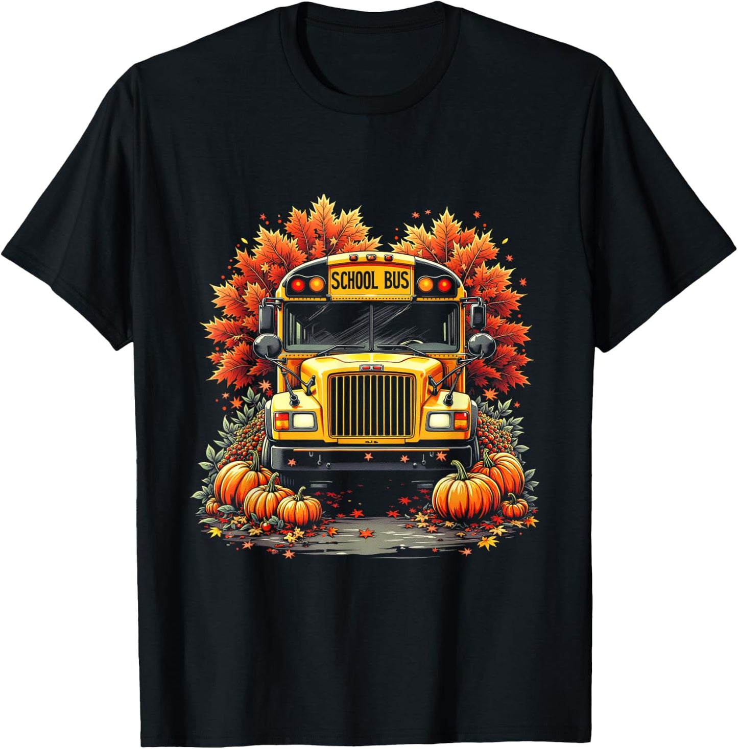 School Bus Driver Pumpkins Autumn Leaves Fall Thanksgiving T-Shirt - T-Shirt | Black