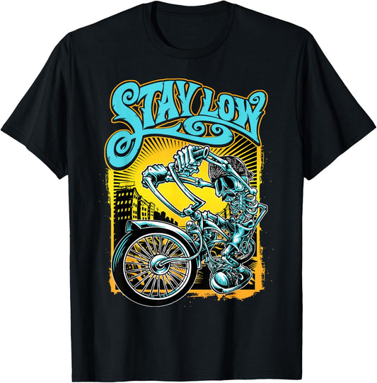 Stay Low Biker Shirt, Latino Skeleton Chopper , Cycle T-Shirt - T-Shirt | Black