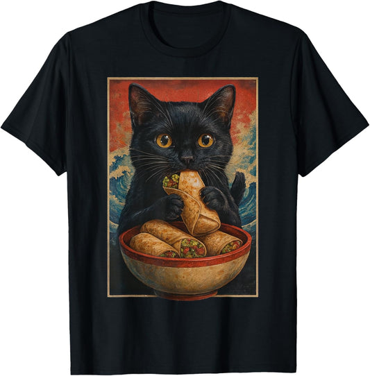 Black Cat Eating Burrito Retro Japanese T-Shirt - T-Shirt | Black