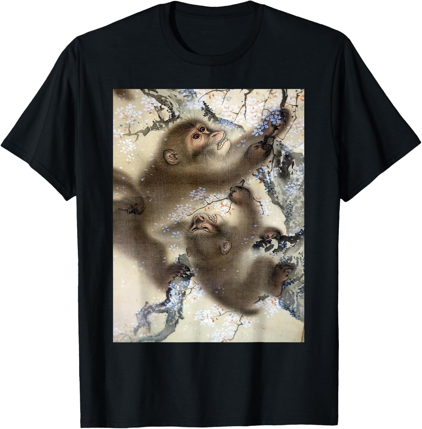 Monkeys In Cherry Blossom Tree Japanese Art Woodblock T-Shirt - T-Shirt | Black