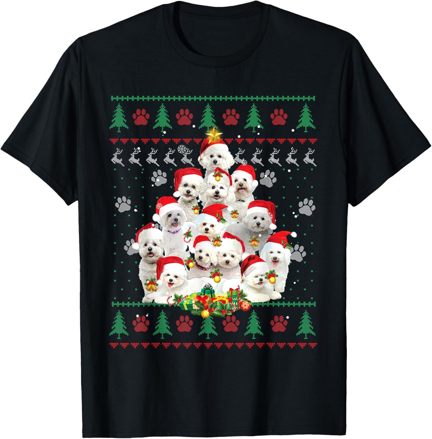 Bichon Frise Christmas Tree Santa Ugly Sweater Funny Dog Women Kids T-Shirt - T-Shirt | Black