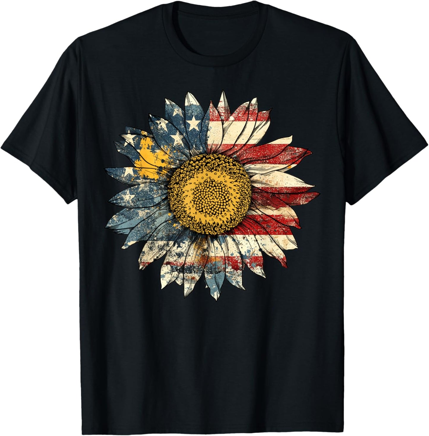 Sunflower American Flag 4th of July USA Women Men T-Shirt - T-Shirt | Black