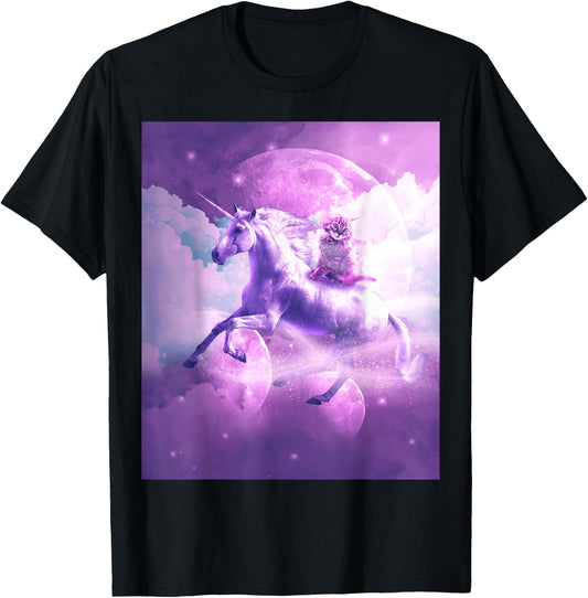 Kitty Cat Riding On Flying Space Galaxy Unicorn T-Shirt - T-Shirt | Black