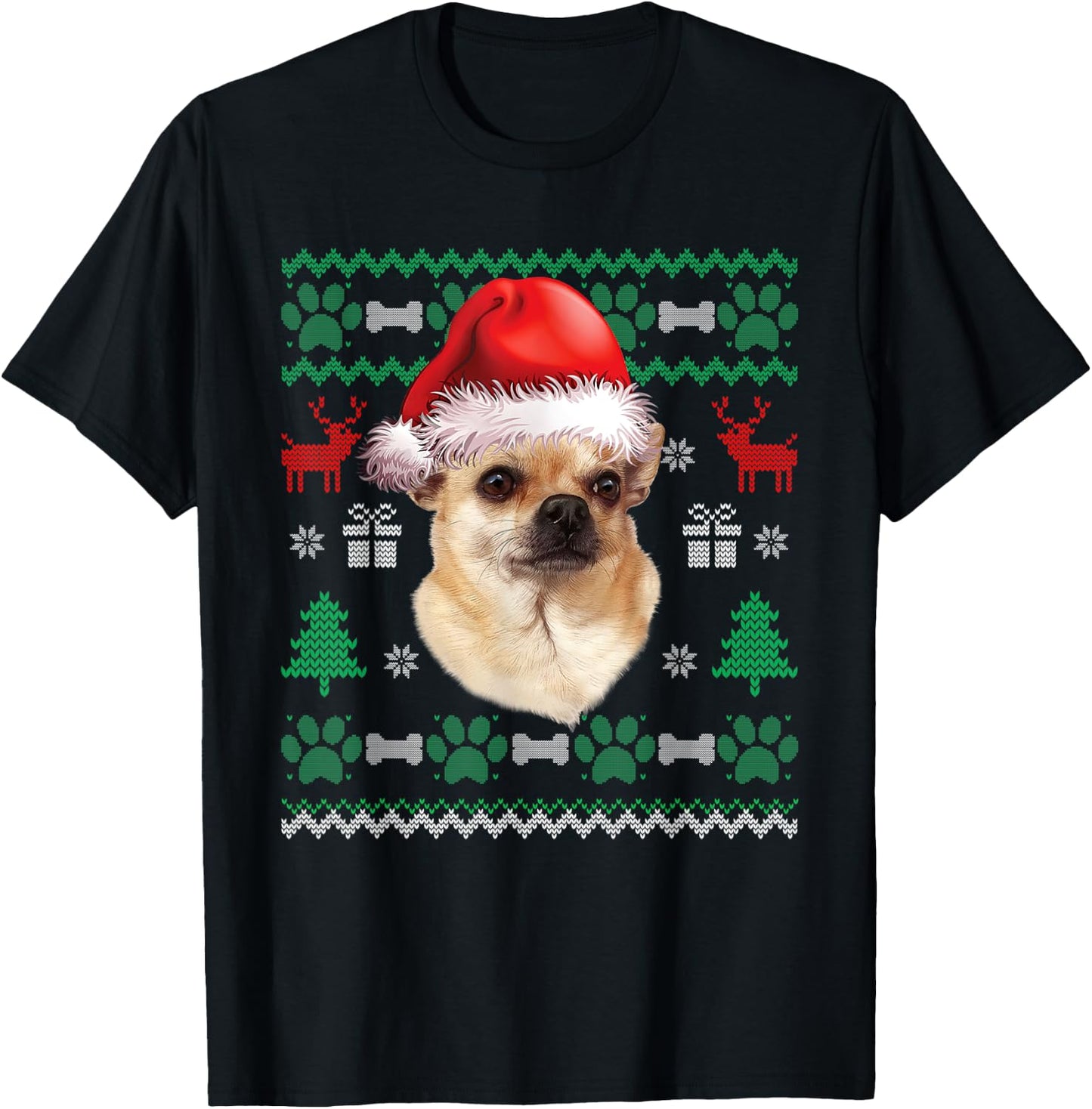 Chihuahua Santa Hat Christmas Ugly Sweater Pajama T-Shirt - T-Shirt | Black