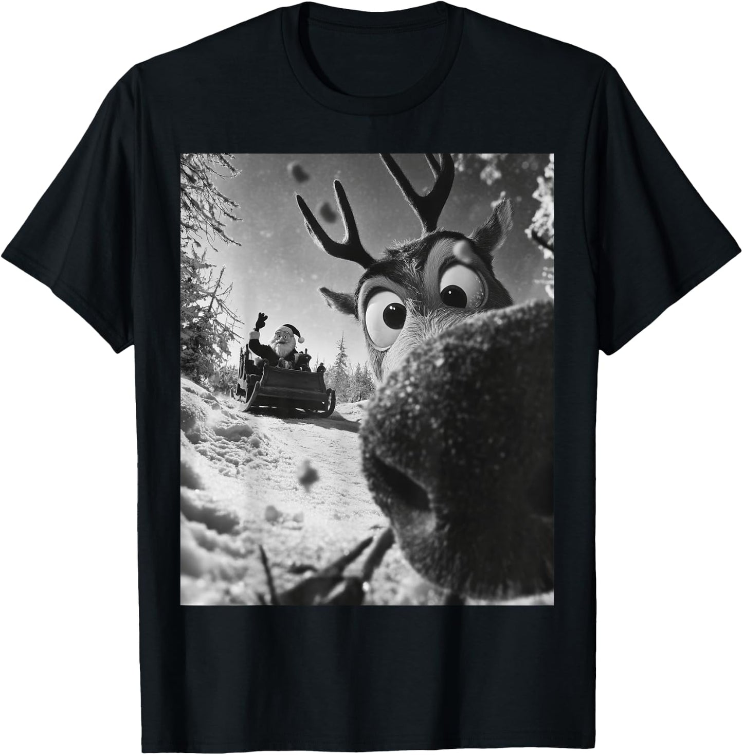 Funny Reindeer Selfie Christmas Santa Claus on his Sleigh T-Shirt - T-Shirt | Black