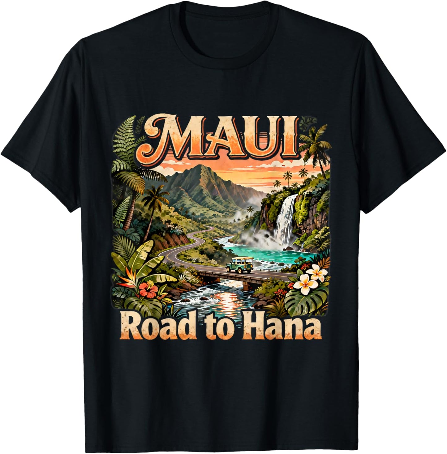 Vintage Maui Road to Hana Waterfall Tropical Summer Souvenir T-Shirt - T-Shirt | Black