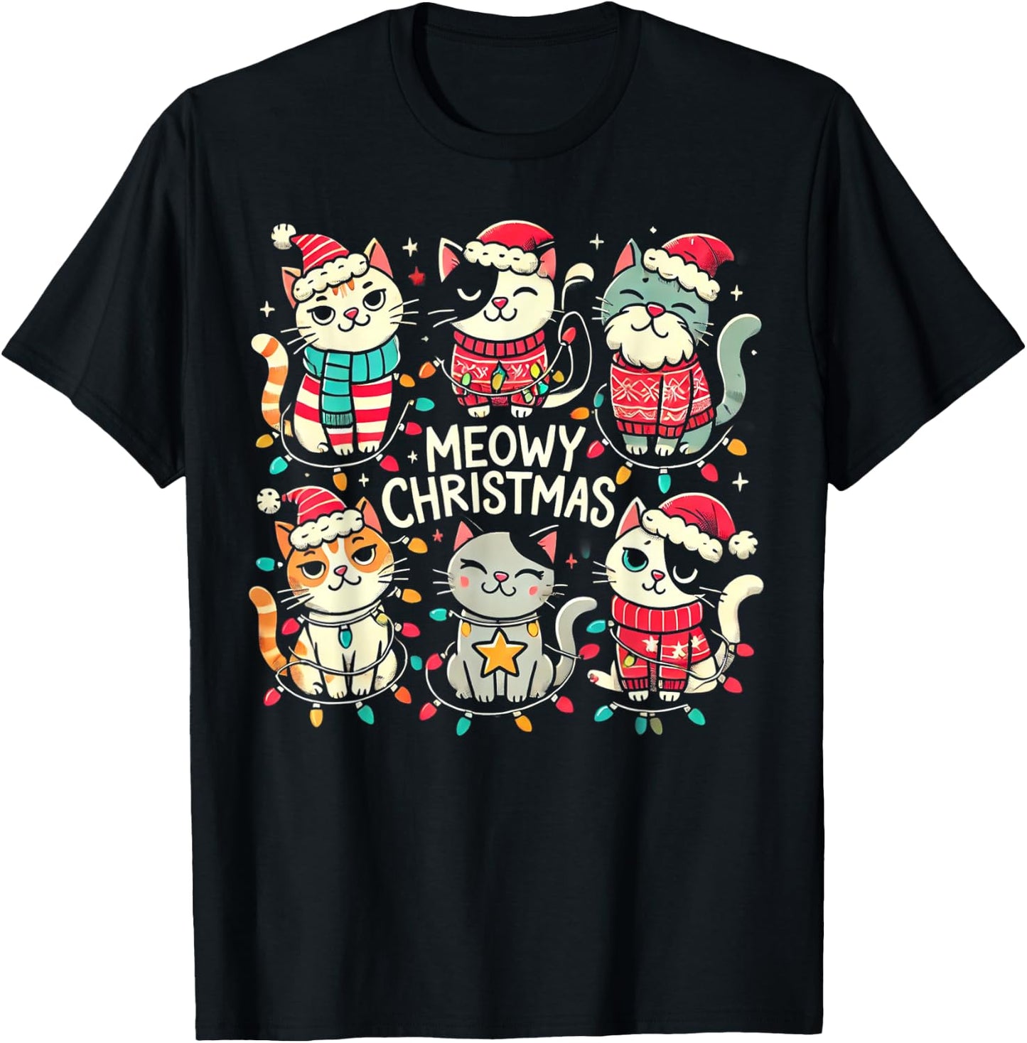 Cute Christmas Cats in Festive Outfits Design with Holiday T-Shirt - T-Shirt | Black