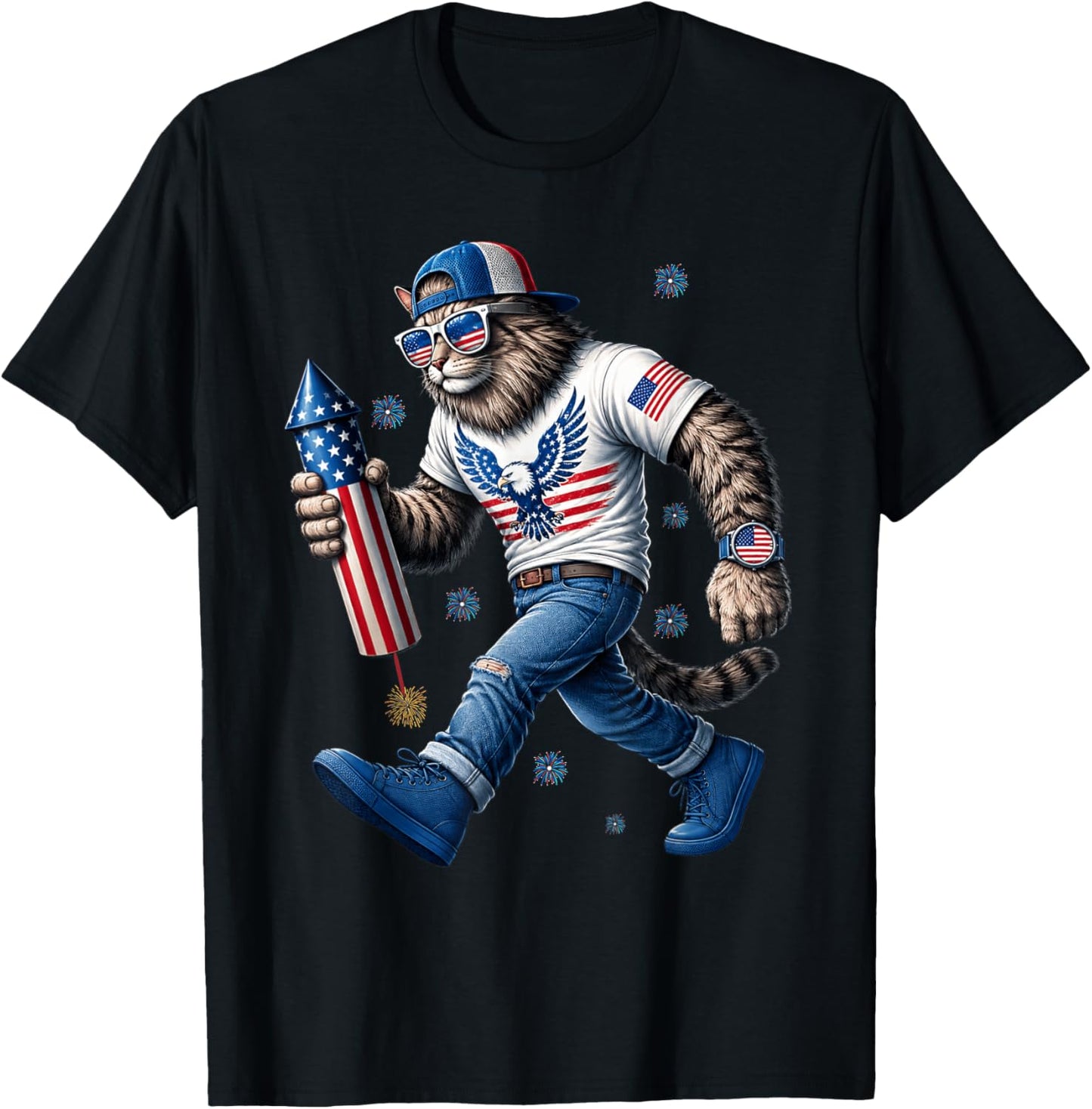 Patriotic Cat USA Flag Fireworks 4th of July Woman T-Shirt - T-Shirt | Black