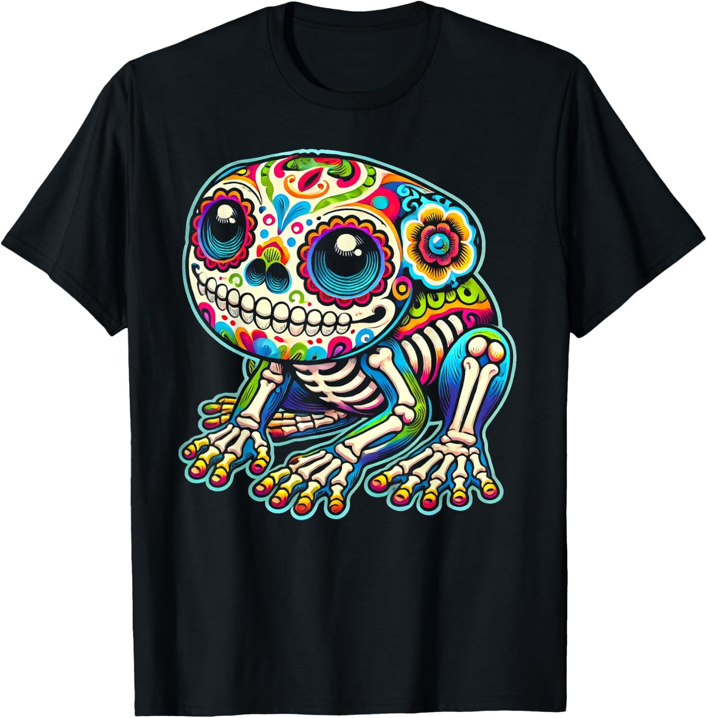 Cute Sugar Skull Frog Day of the Dead Colorful Skeleton Art T-Shirt - T-Shirt | Black