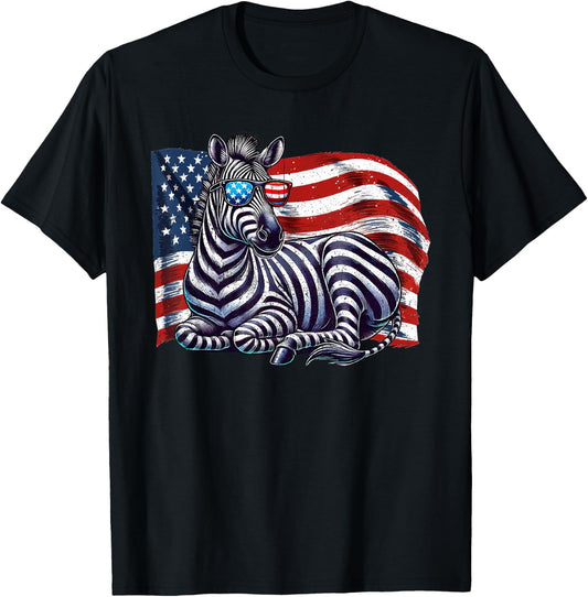 Zebra USA Flag Animals Lovers Patriotic Sunglasses Vintage T-Shirt - T-Shirt | Black