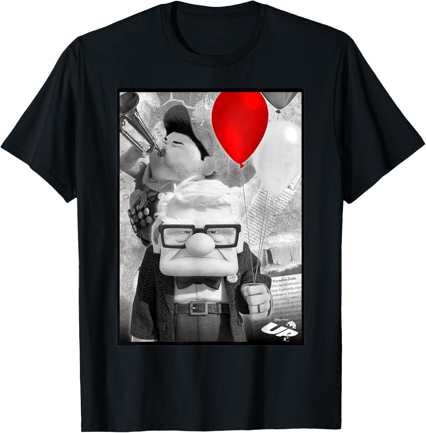 Disney Pixar Up Carl & Russell Vintage Retro Trumpet Picture T-Shirt - T-Shirt | Black