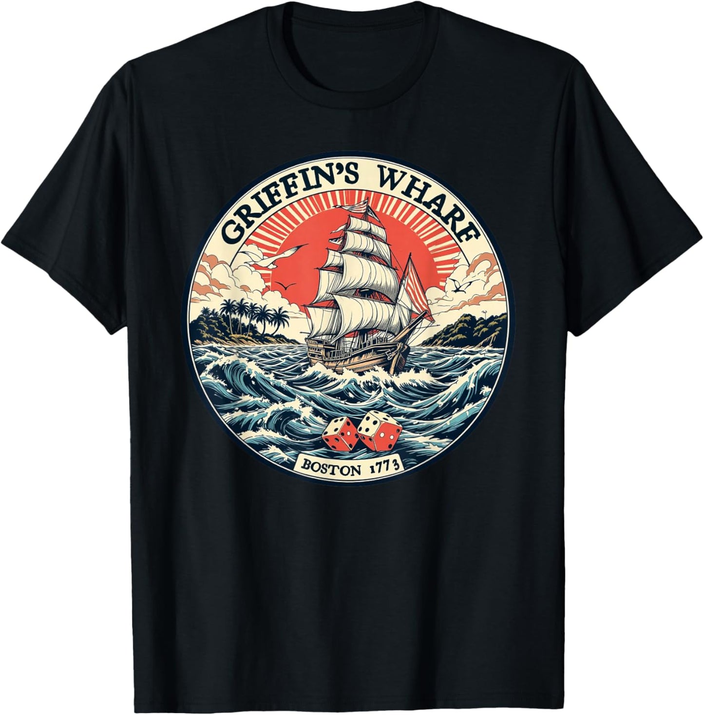 Griffin's Wharf 1773 – Boston Ship & Dice Logo Design T-Shirt - T-Shirt | Black