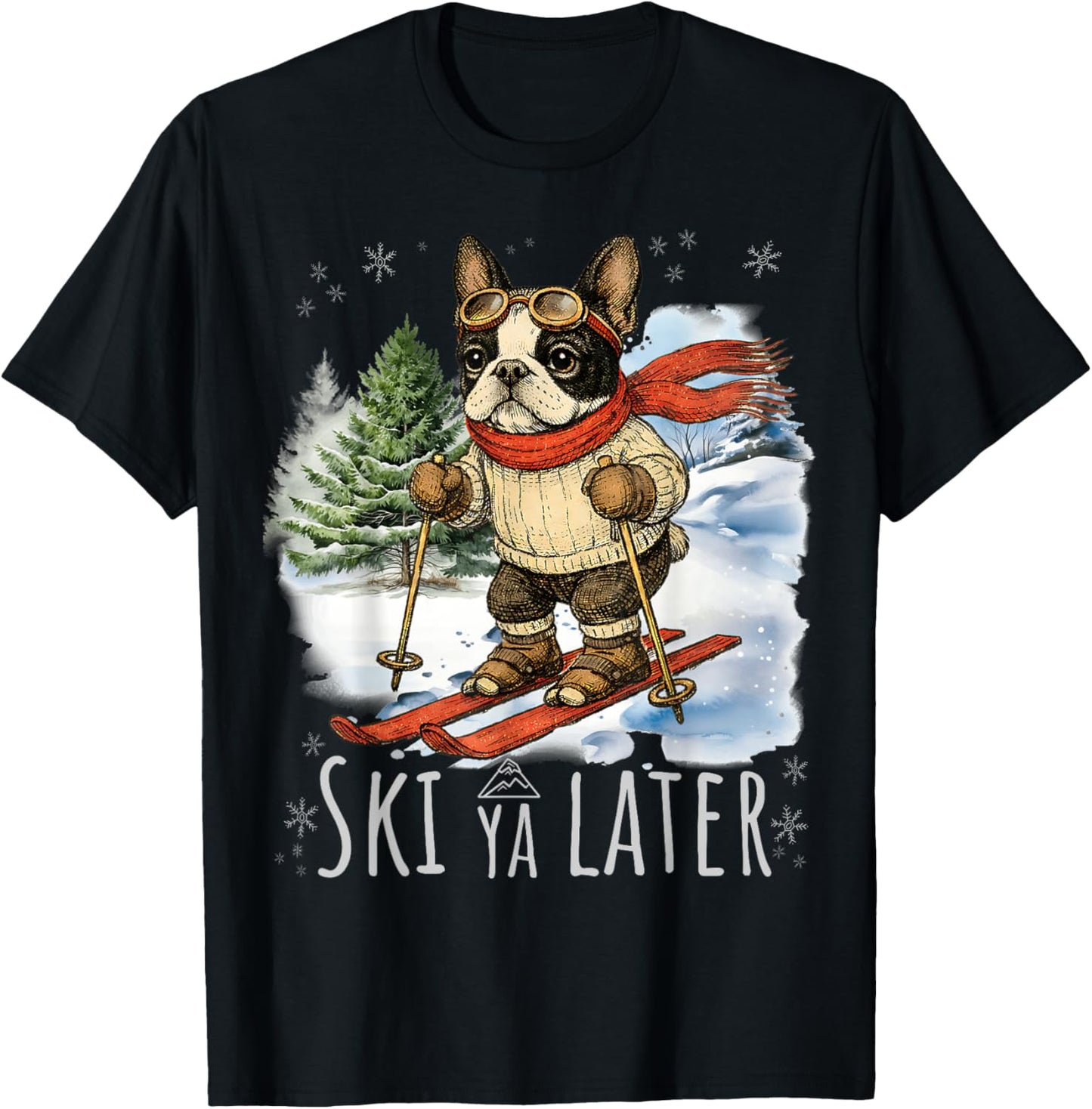 Boston Terrier Ski Bostie Snow Skiing Winter Spring Break T-Shirt - T-Shirt | Black