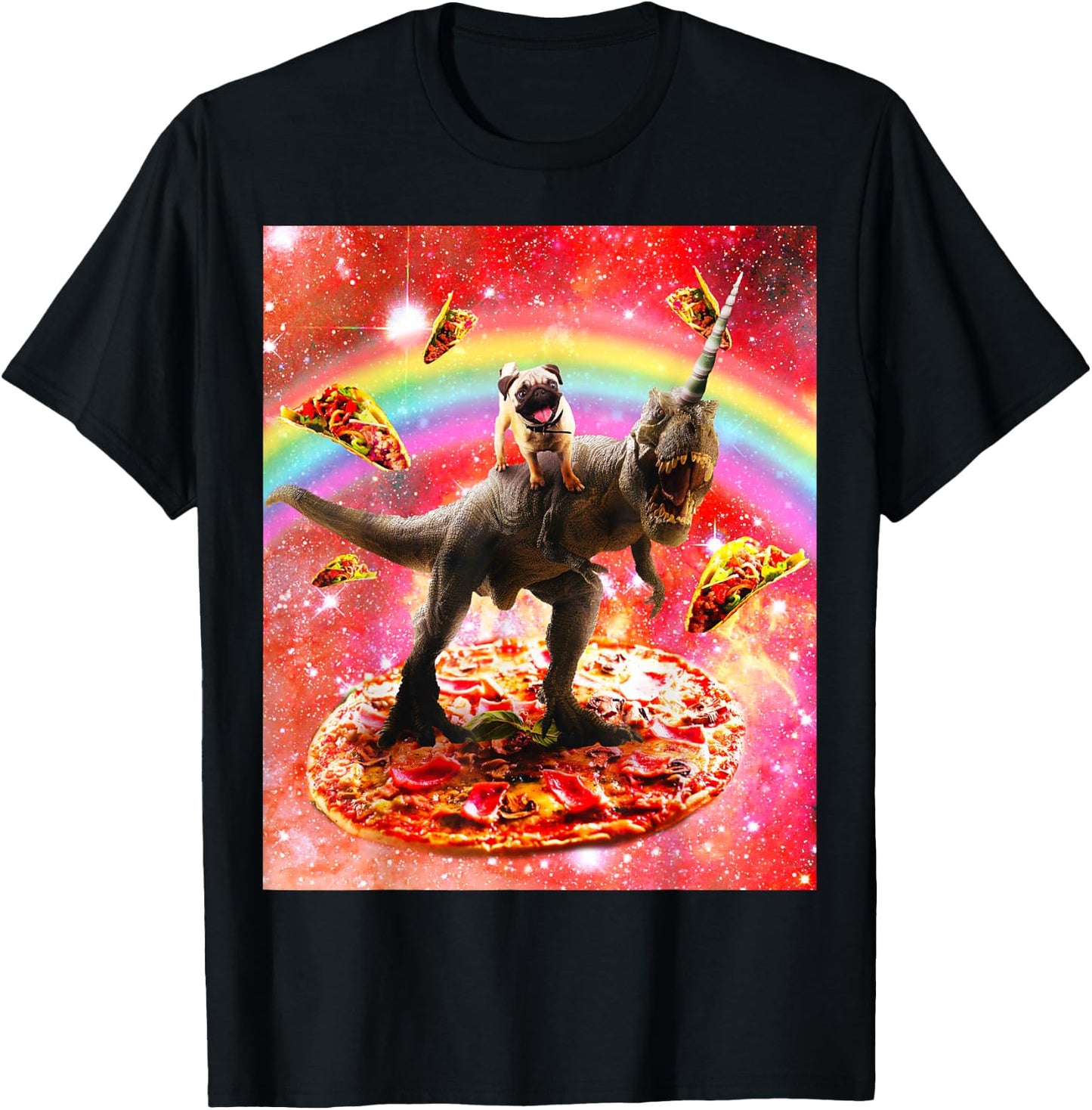 Space Pug Riding Dinosaur Unicorn - Pizza & Taco T-Shirt - T-Shirt | Black