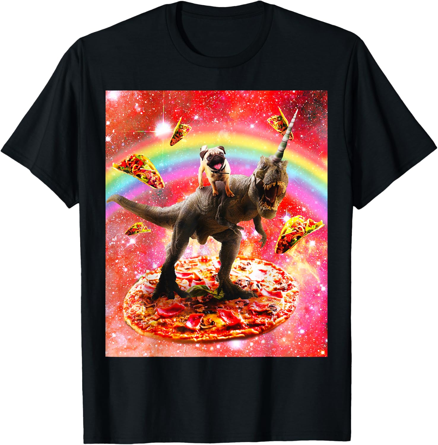 Space Pug Riding Dinosaur Unicorn - Pizza & Taco T-Shirt - T-Shirt | Black