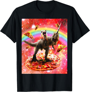 Space Pug Riding Dinosaur Unicorn - Pizza & Taco T-Shirt - T-Shirt | Black