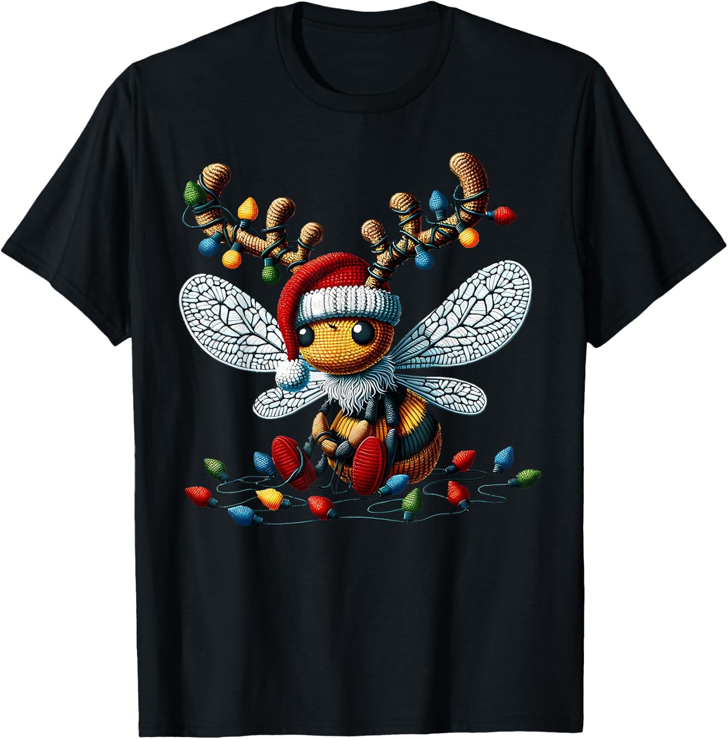Cute Crochet Bee Christmas Light Santa Hat Reindeer Bee T-Shirt - T-Shirt | Black