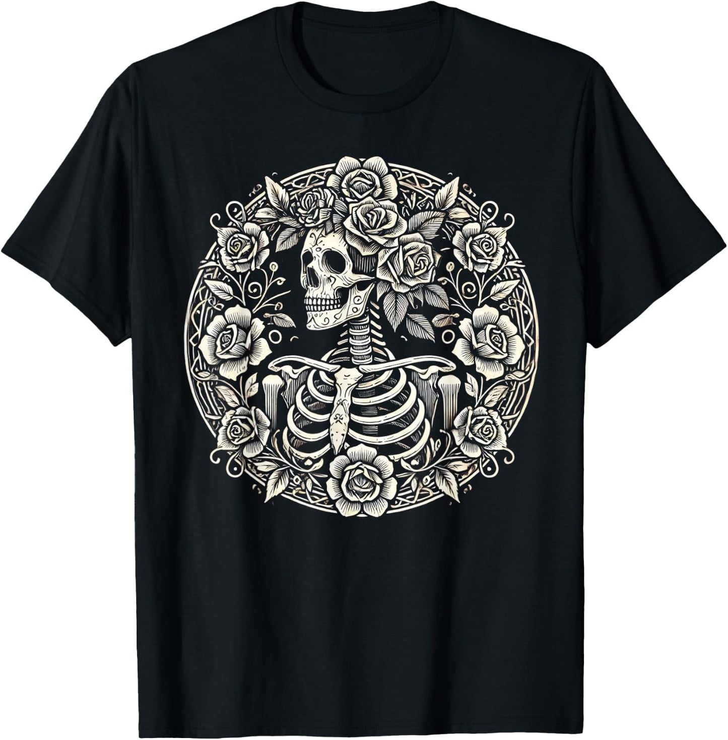 Floral Skeleton Flowers Goth Occult Death Dark Aesthetic T-Shirt - T-Shirt | Black