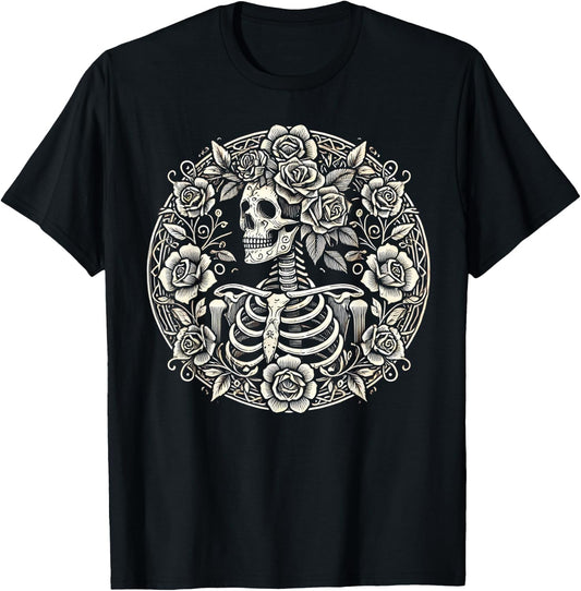 Floral Skeleton Flowers Goth Occult Death Dark Aesthetic T-Shirt - T-Shirt | Black