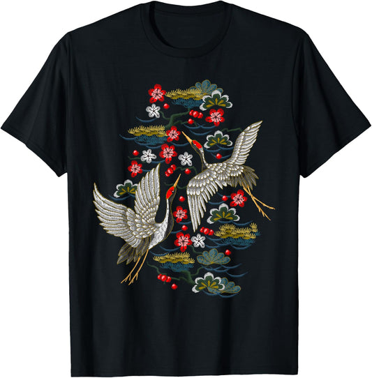 Crane & Cherry Blossom - Vintage Japanese Embroidery T-Shirt - T-Shirt | Black