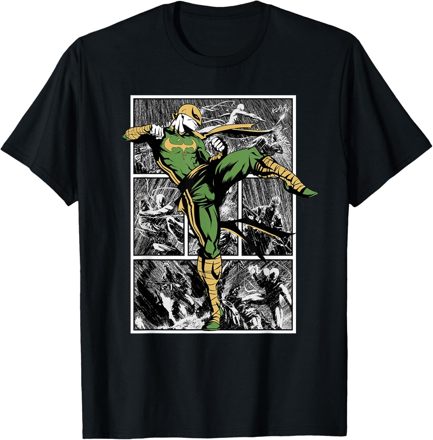 Marvel Comics Retro Classic Iron Fist Rain Battle Panels T-Shirt - T-Shirt | Black