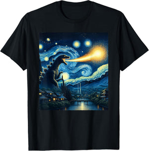 Retro Japanese Kaiju Monster Starry Night Parody Kaiju T-Shirt - T-Shirt | Black