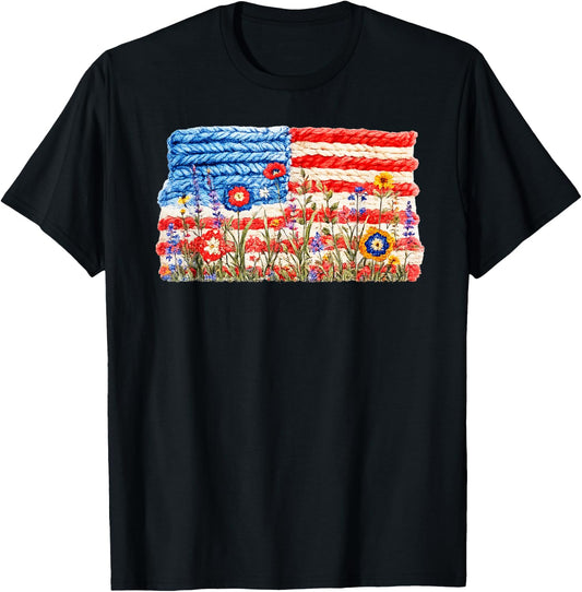 Flowers Stripes Skeins Funny Crochet USA Flag Wildflowers T-Shirt - T-Shirt | Black