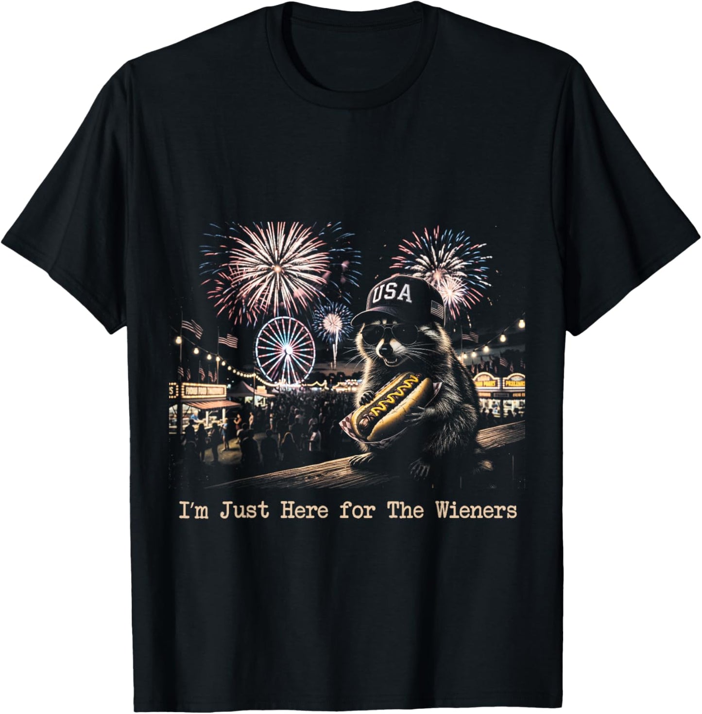 4Th of July Raccoon Funny Just Here for The Wieners Hotdog T-Shirt - T-Shirt | Black