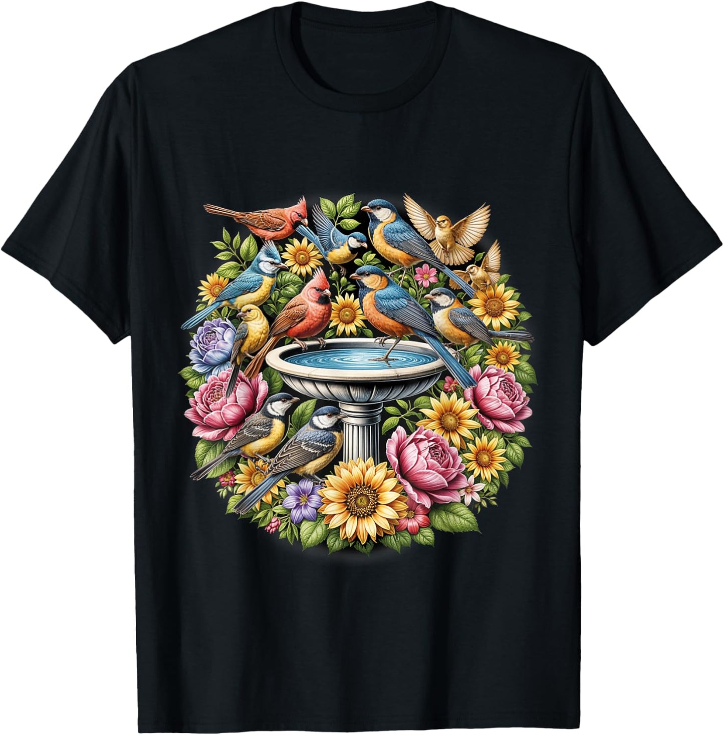 Birds Spring Flowers Shirt Water Fountain Birdwatcher Birder T-Shirt - T-Shirt | Black