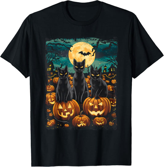 Black Cat Pumpkin Halloween Starry Night Cat Van Gogh Cat Women Kids T-Shirt - T-Shirt | Black