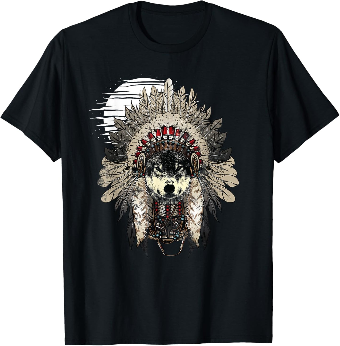 Wolf T Shirt Moon Native American Headdress Wolves Clothing T-Shirt - T-Shirt | Black