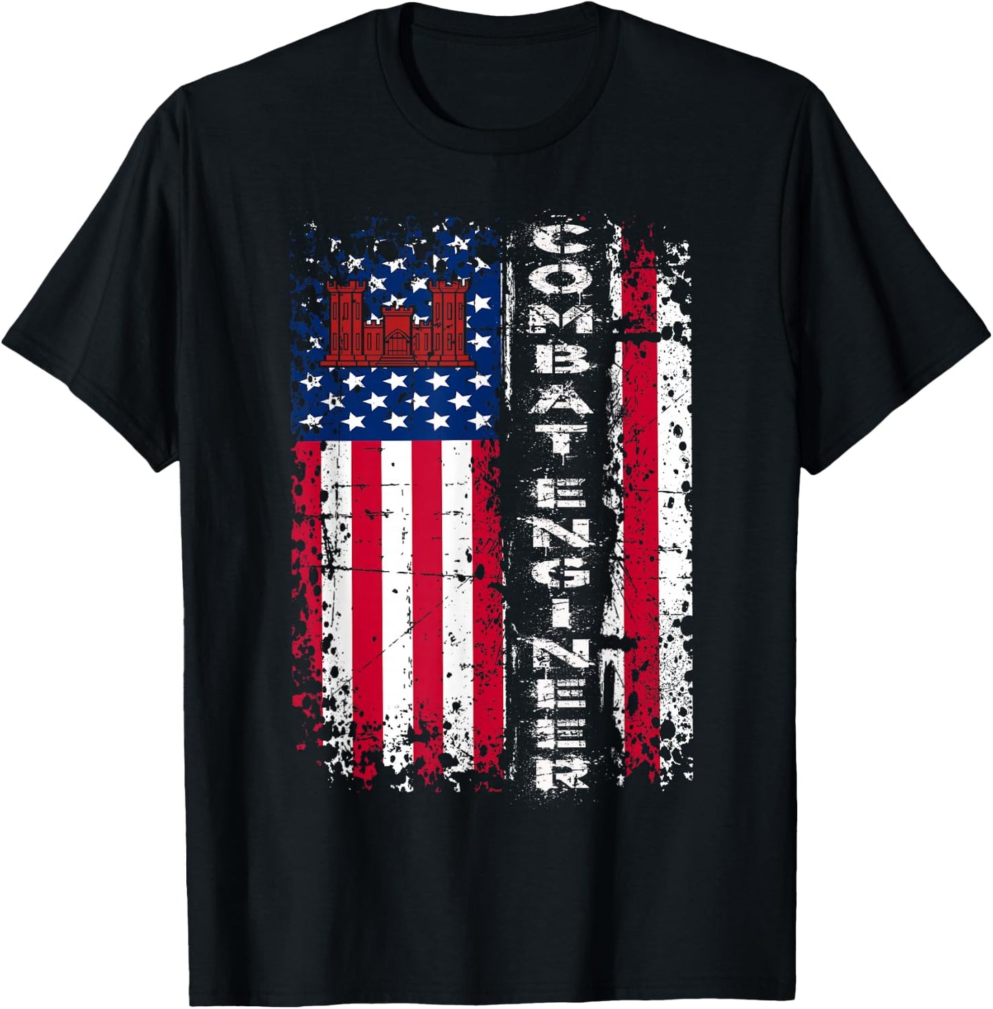 Combat Engineer Distressed American Flag - U.S. Military T-Shirt - T-Shirt | Black