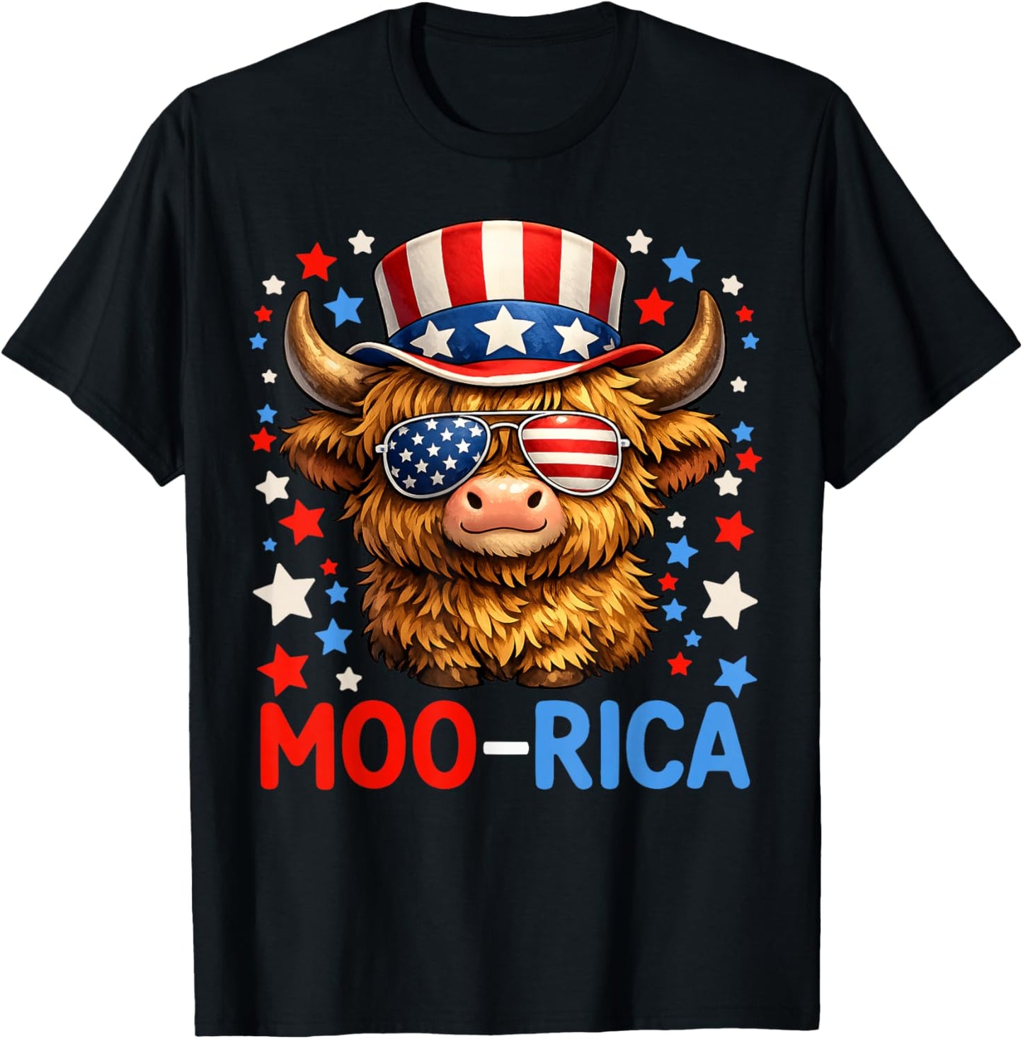 Patriotic Highland Cow Moo-rica July 4th Independence Day T-Shirt - T-Shirt | Black