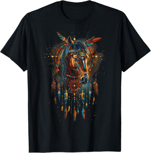Horse Dreamcatcher Native American Indian Feathers Arts T-Shirt - T-Shirt | Black