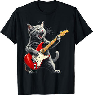 Funny Rock Star Cat Playing Guitar T-Shirt - T-Shirt | Black