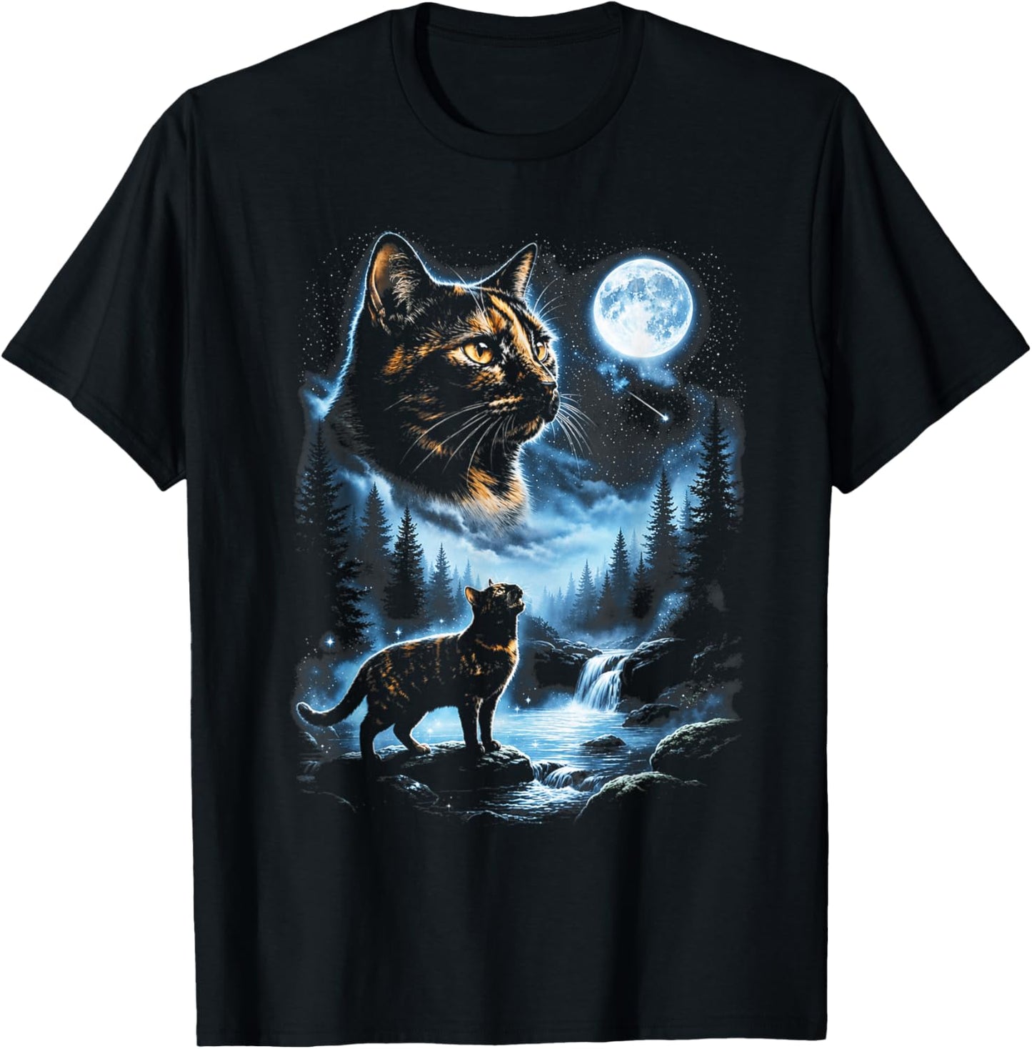 Tortoiseshell Cat Howling At Moon Celestial Parody Design T-Shirt - T-Shirt | Black