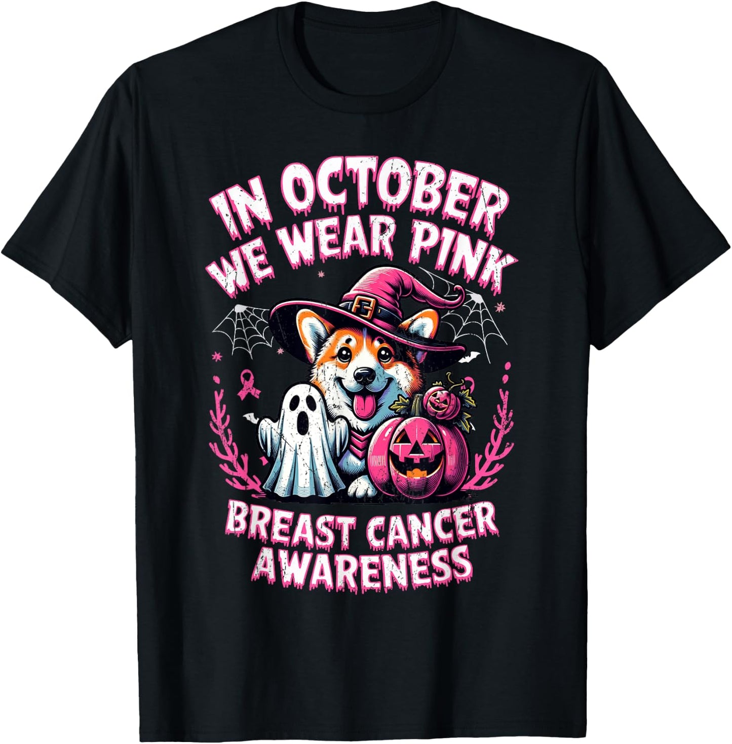 In October We Wear Pink Ghost Corgi Dog Breast Cancer T-Shirt - T-Shirt | Black