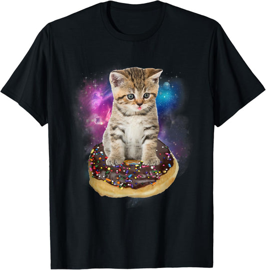Space Donut Cat Shirt | Flying Kitty Galaxy T Shirt Women Kids T-Shirt - T-Shirt | Black