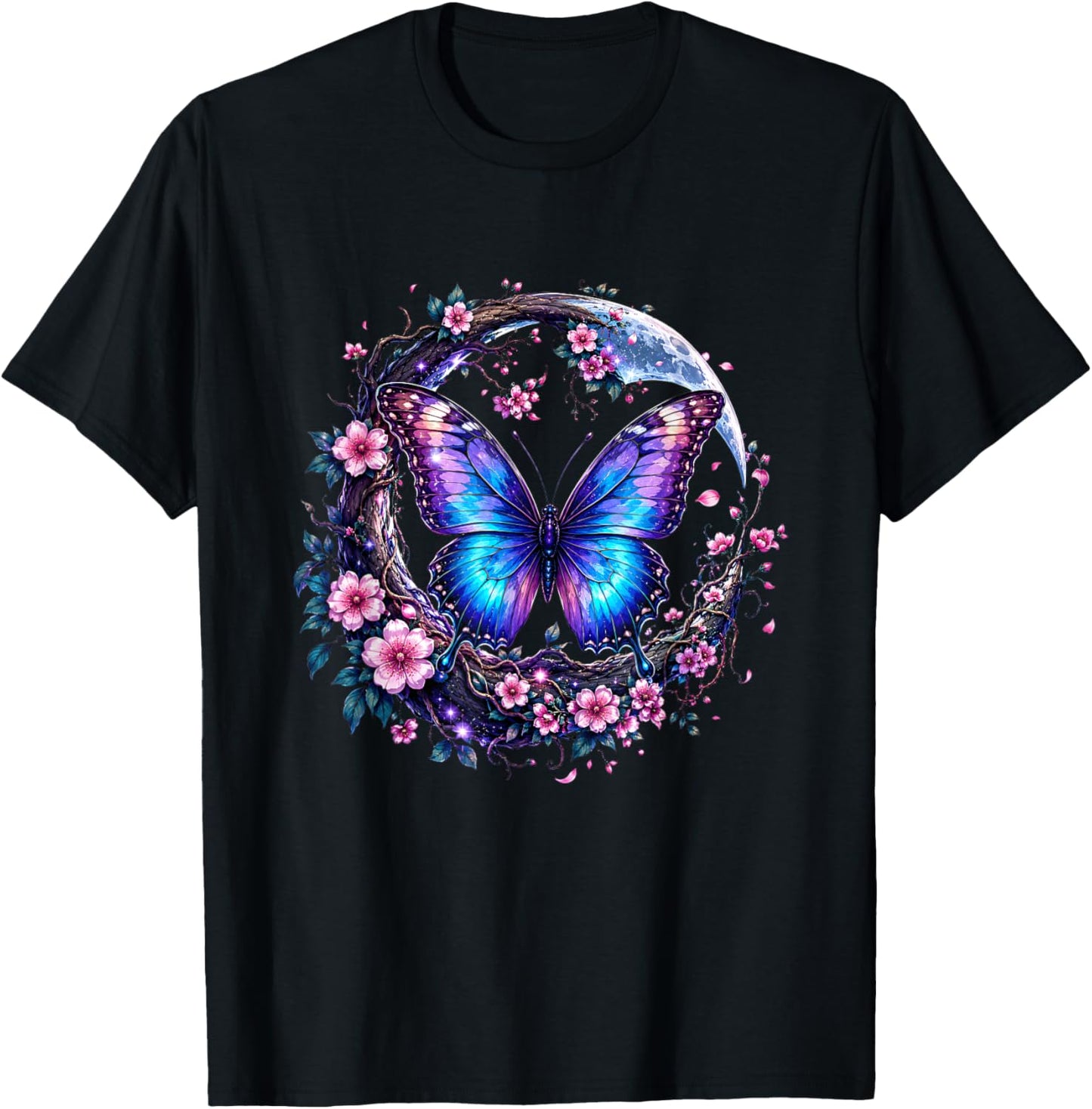 Butterfly Moon Cherry Blossom Fantasy Floral Nature Art T-Shirt - T-Shirt | Black
