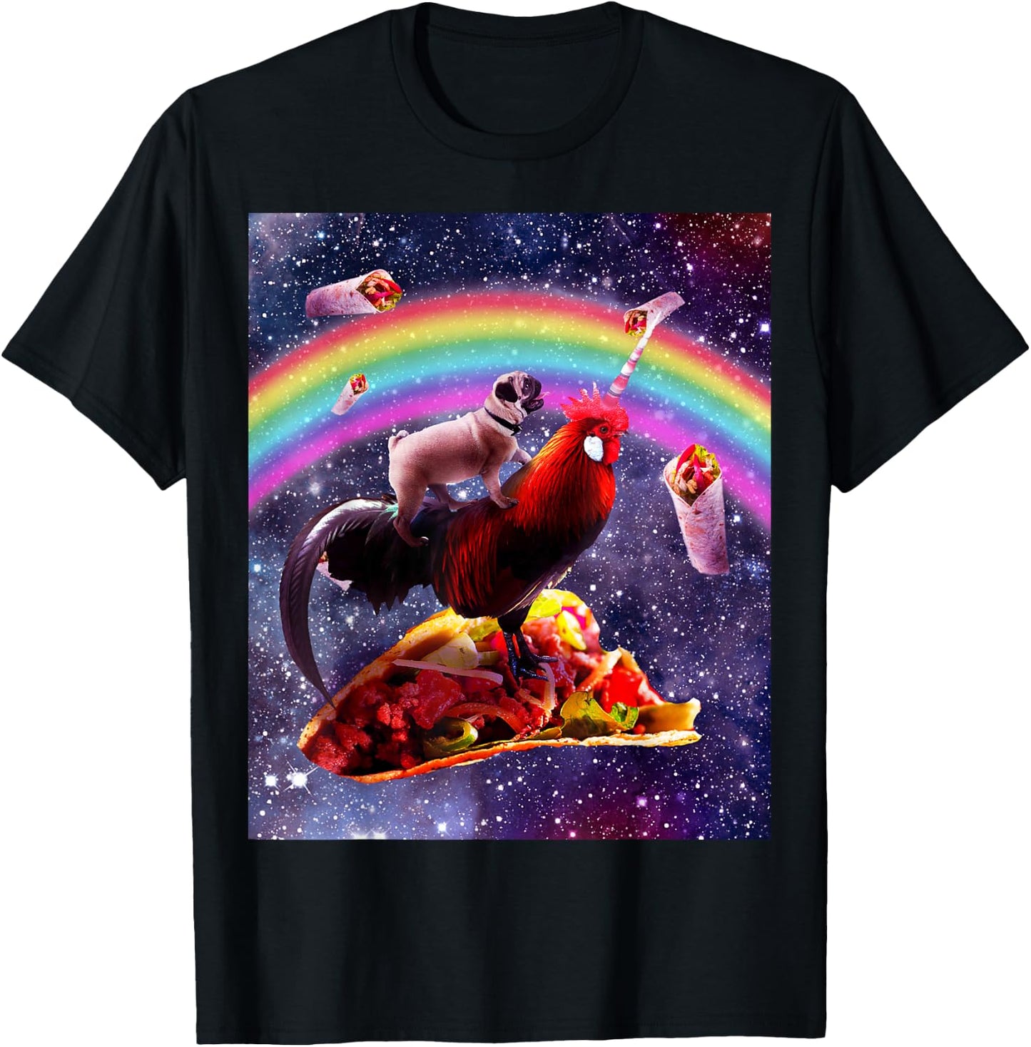 Space Pug Riding Chicken Unicorn - Taco & Burrito T-Shirt - T-Shirt | Black