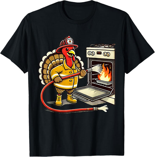 Firefighter Turkey Funny Thanksgiving Animal Oven Fire Hose T-Shirt - T-Shirt | Black