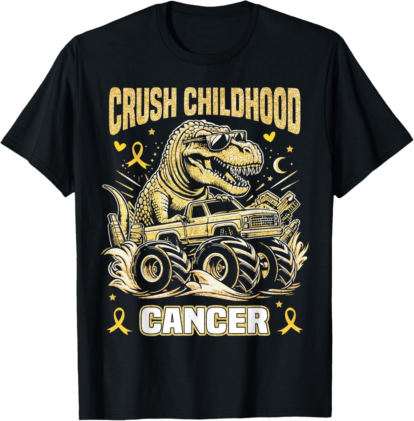 Crush Childhood Cancer Awareness Monster Truck Dinosaur T-Shirt - T-Shirt | Black