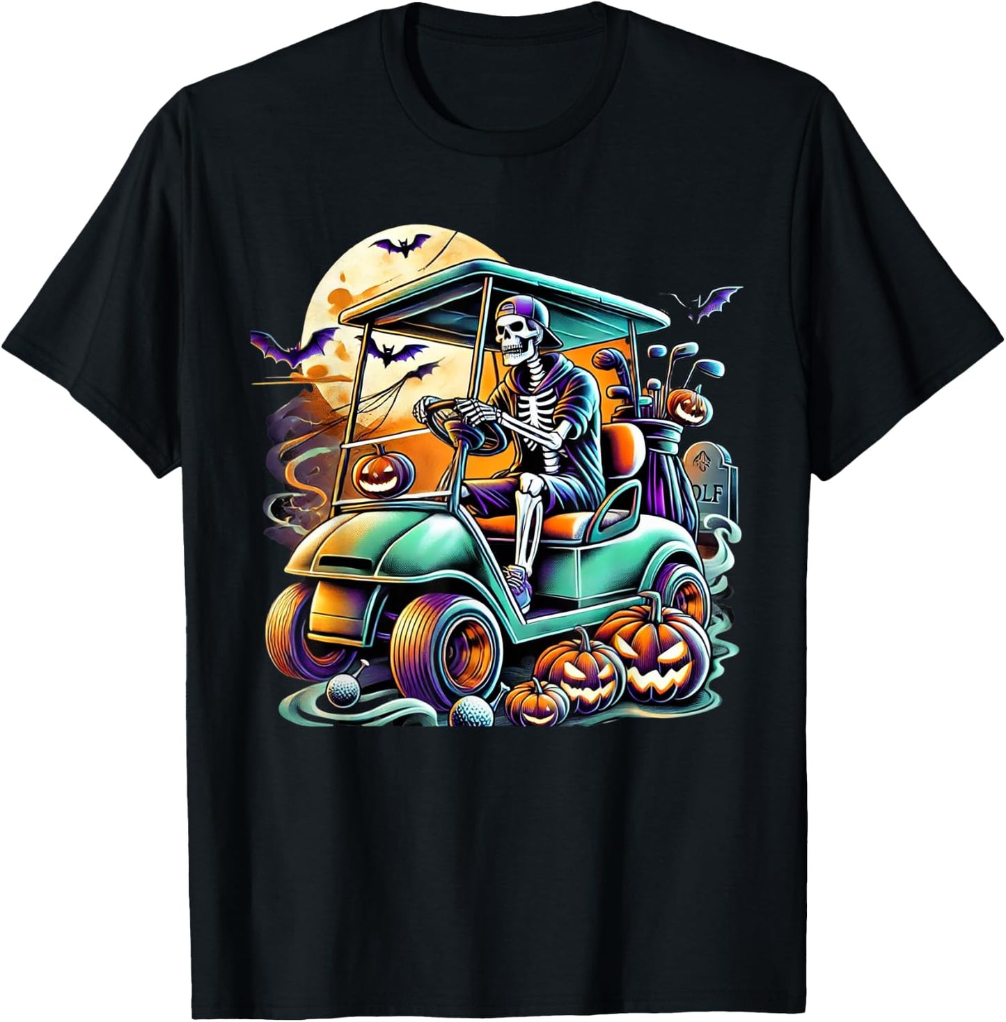 Funny Vintage Halloween Skeleton Golf Cart Golfer Men Women T-Shirt - T-Shirt | Black