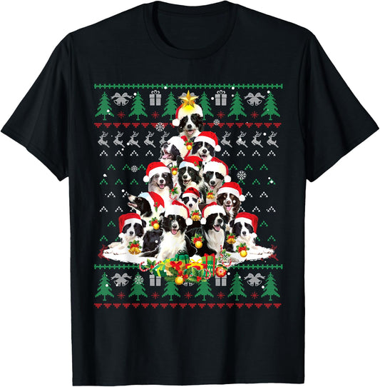 Border Collie Christmas Tree Santa Ugly Sweater Funny Dog T-Shirt - T-Shirt | Black