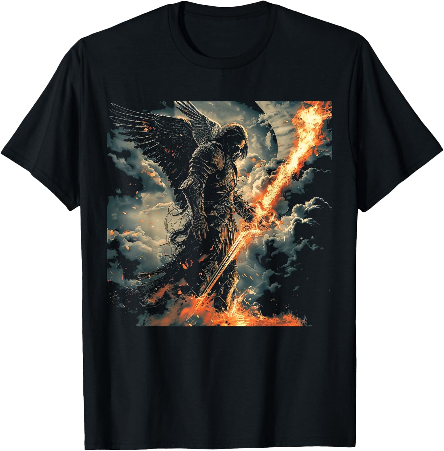 Archangel Michael Flaming Sword Epic Biblical Battle Art T-Shirt - T-Shirt | Black