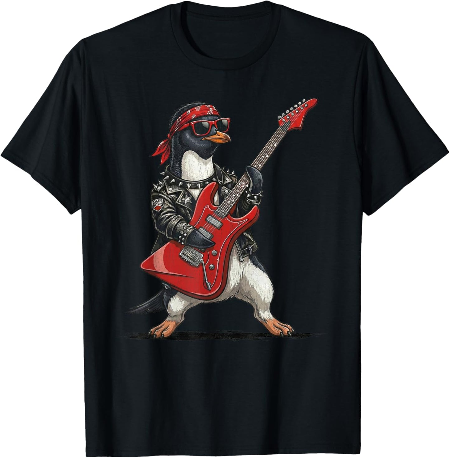 Funny Penguin Playing Red Electric Guitar Musician Rock Punk T-Shirt - T-Shirt | Black