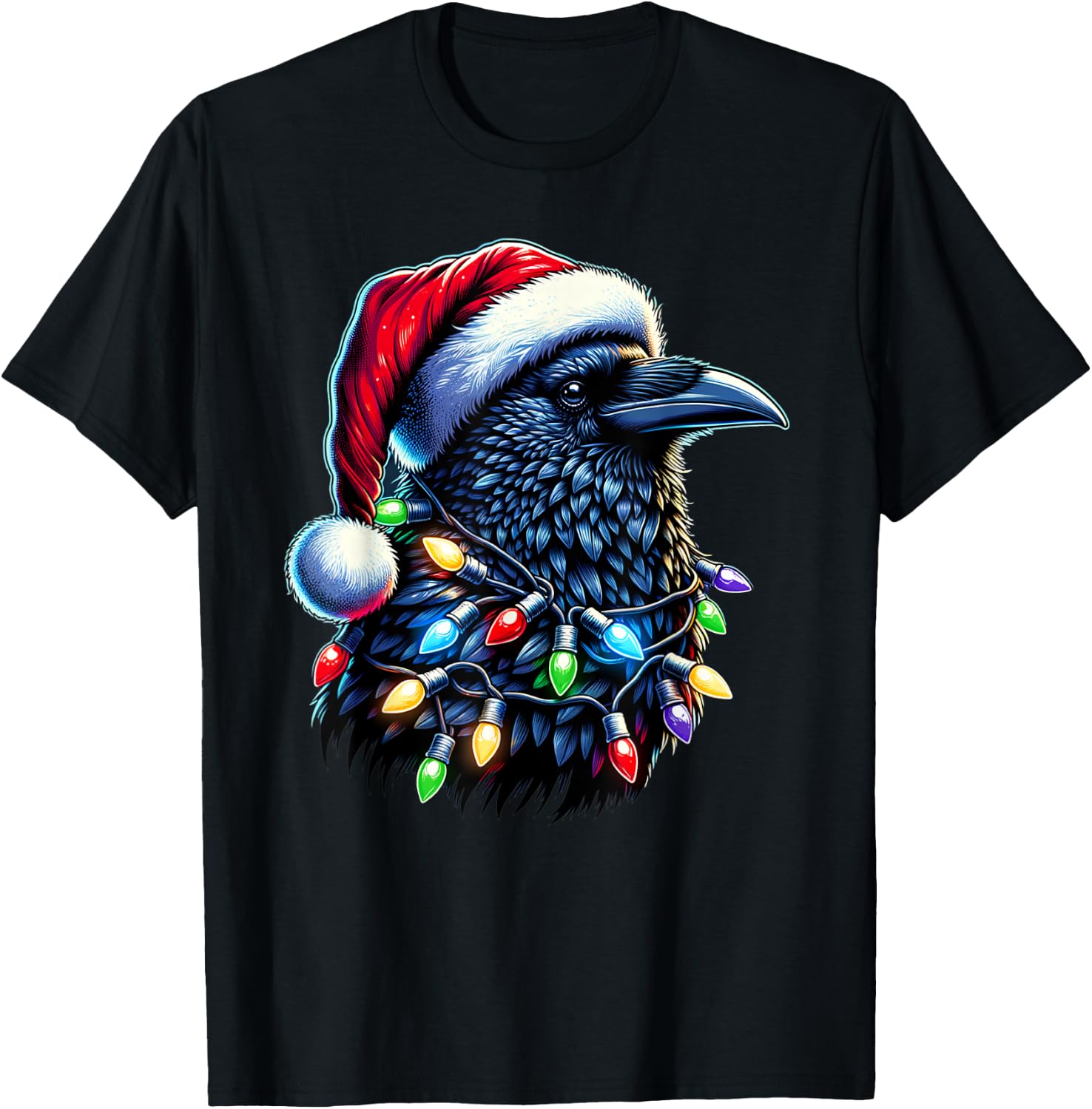 Raven Santa Christmas Tree Lighting Men Women Xmas Funny T-Shirt - T-Shirt | Black