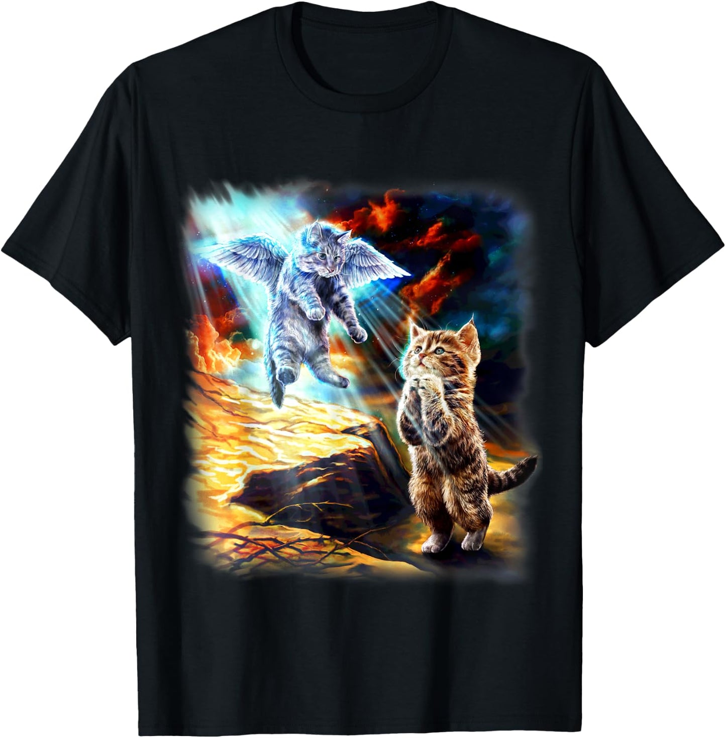 Angel Cat and Praying Companion in Fiery Sky Men Women Kids T-Shirt - T-Shirt | Black