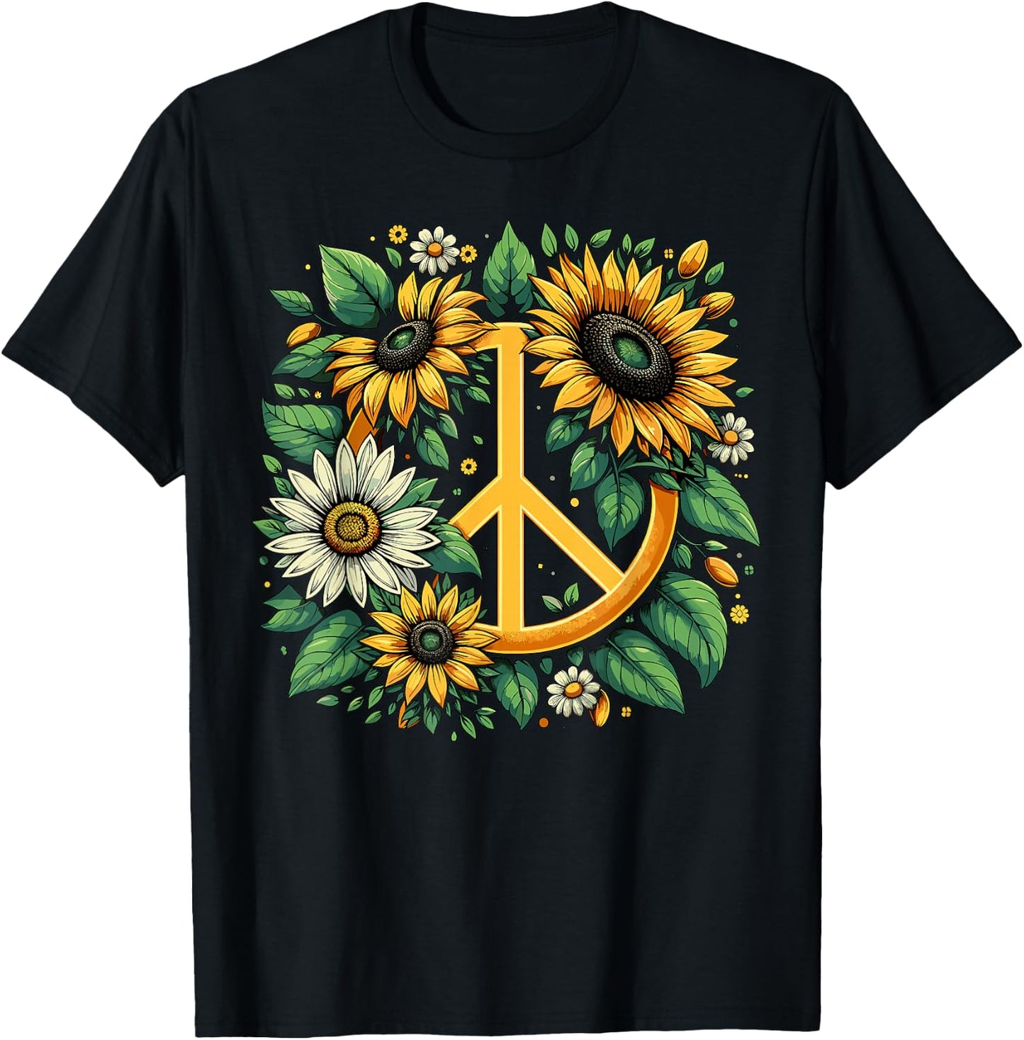 Hippie Peace Sign Flower Sunflower Lovers T-Shirt - T-Shirt | Black
